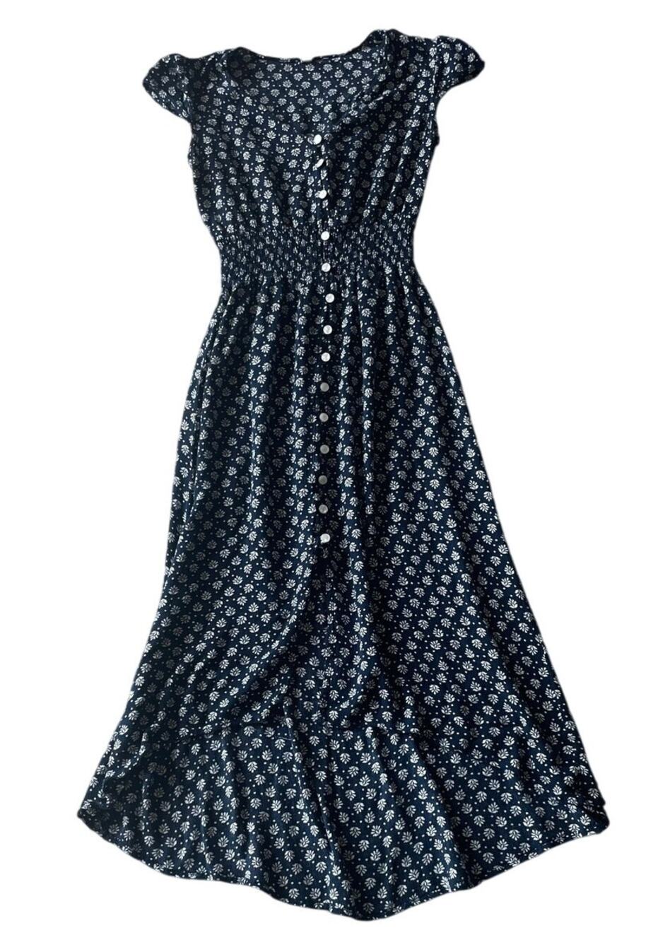 Floral Navy Midi Dress Size Small Pearlescent buttons Stretch Feminine Retro 90s